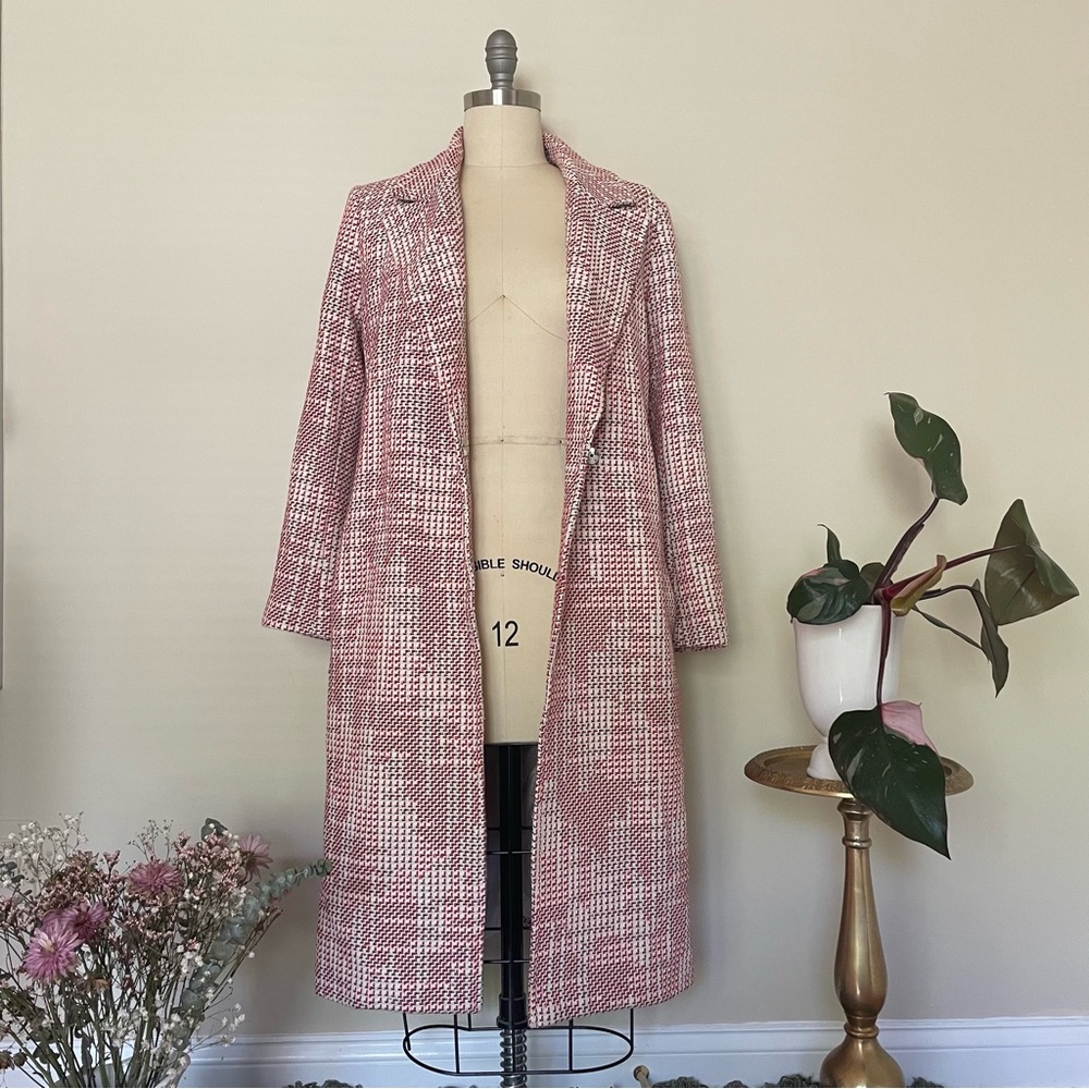 Red, black and white tweed coat